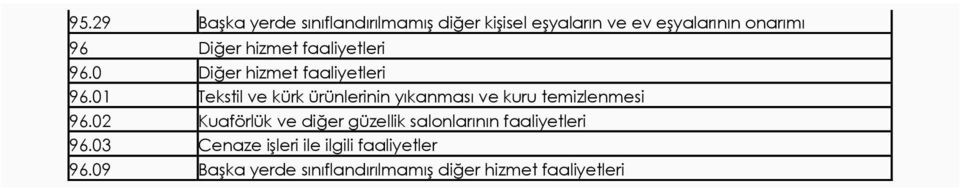 01 Tekstil ve kürk ürünlerinin yıkanması ve kuru temizlenmesi 96.