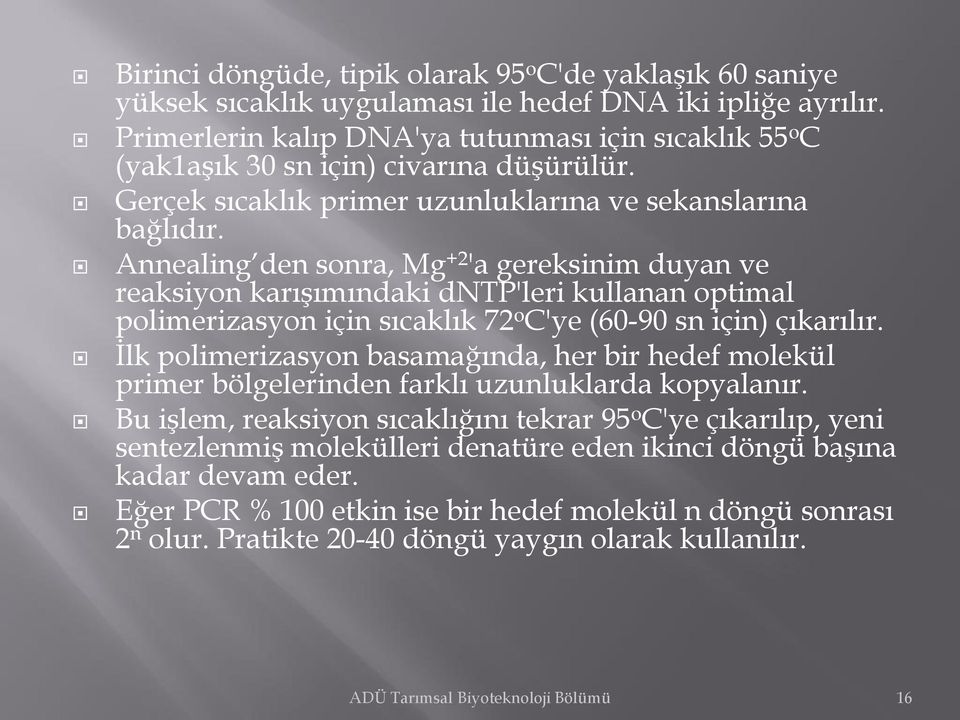 Annealing den sonra, Mg +2 'a gereksinim duyan ve reaksiyon karışımındaki dntp'leri kullanan optimal polimerizasyon için sıcaklık 72 o C'ye (60-90 sn için) çıkarılır.