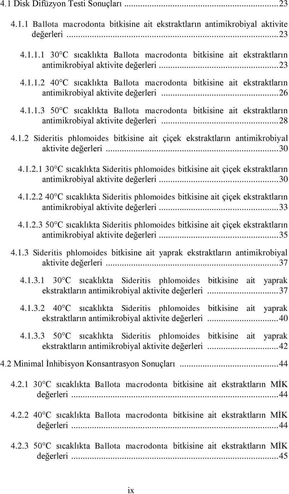 .. 28 4.1.2 Sideritis phlomoides bitkisine ait çiçek ekstraktların antimikrobiyal aktivite değerleri... 30 4.1.2.1 30 C sıcaklıkta Sideritis phlomoides bitkisine ait çiçek ekstraktların antimikrobiyal aktivite değerleri.