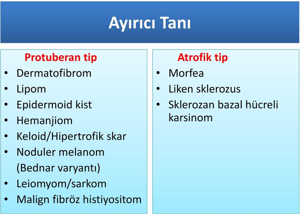 (Bednar varyantı) Leiomyom/sarkom Malign fibröz histiyositom