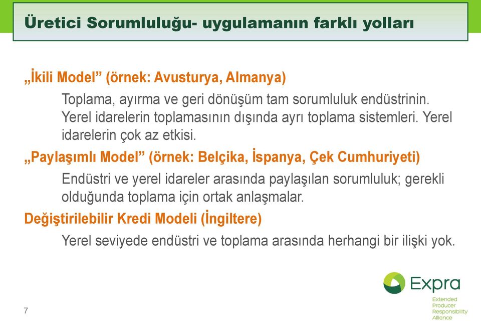 Paylaşımlı Model (örnek: Belçika, İspanya, Çek Cumhuriyeti) Endüstri ve yerel idareler arasında paylaşılan sorumluluk; gerekli