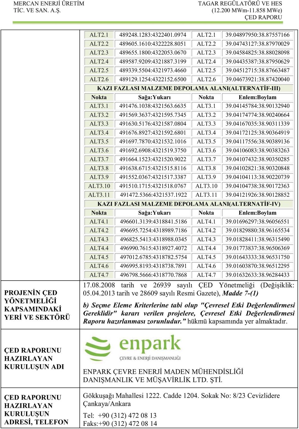 1254:4322152.6500 ALT2.6 39.04673921:38.87420040 KAZI FAZLASI MALZEME DEPOLAMA ALANI(ALTERNATİF-III) Nokta Sağa:Yukarı Nokta Enlem:Boylam ALT3.1 491476.1038:4321563.6635 ALT3.1 39.04145784:38.