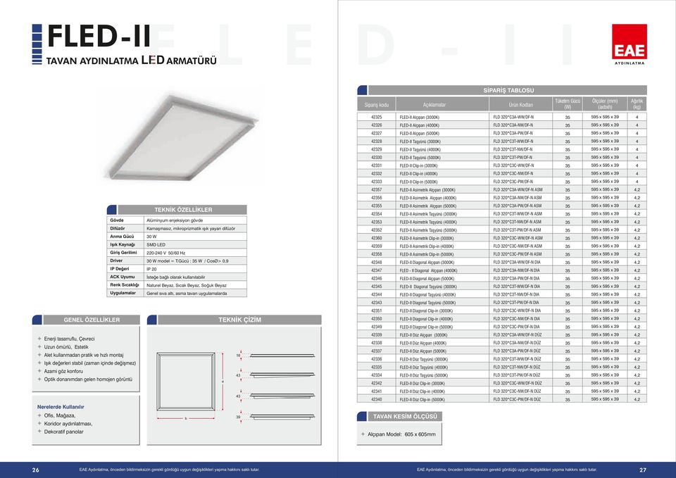 x x 3 2332 FLEDII Clipin (000K) FLD 320*C3CNW/DFN 3 x x 3 2333 FLEDII Clipin (000K) FLD 320*C3CPW/DFN 3 x x 3 23 FLEDII Asimetrik Alçıpan (3000K) FLD 320*C3AWW/DFN ASM 3 x x 3,2 2 FLEDII Asimetrik