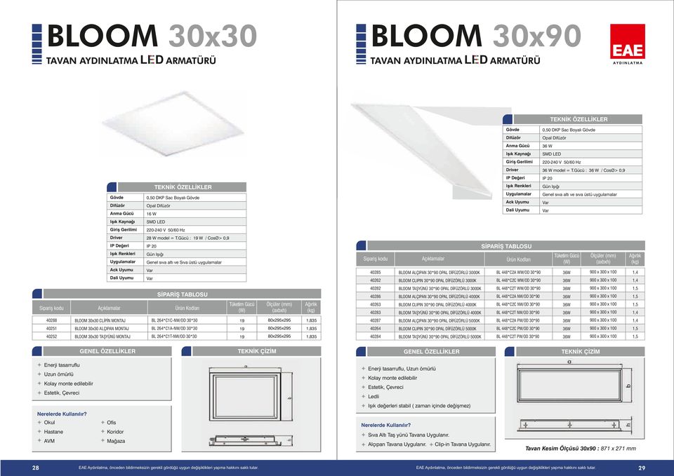 Gücü : W / CosØ> 0, Işık Renkleri Gün Işığı Genel sıva altı ve sıva üstü uygulamalar Ack Uyumu Var Dali Uyumu Var BLOOM ALÇIPAN 30*0 OPAL DİFÜZÖRLÜ 3000K BL 8*C2A WW/OD 30*0 W 00 x 300 x 00, 0262