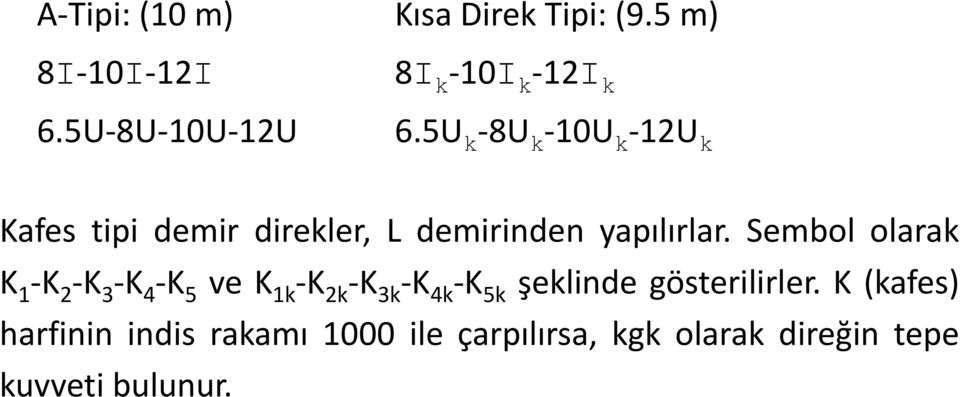 Sembol olarak K 1 -K 2 -K 3 -K 4 -K 5 ve K 1k -K 2k -K 3k -K 4k -K 5k şeklinde