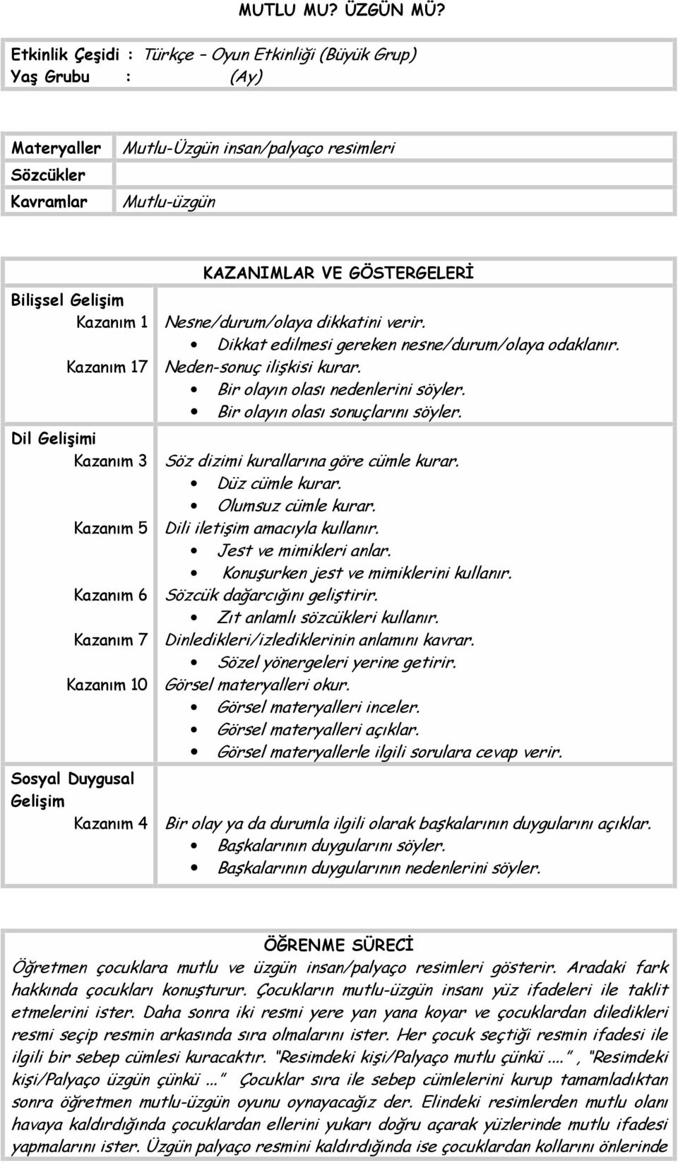 Gelişimi Kazanım 3 Kazanım 5 Kazanım 6 Kazanım 7 Kazanım 10 Sosyal Duygusal Gelişim Kazanım 4 KAZANIMLAR VE GÖSTERGELERİ Nesne/durum/olaya dikkatini verir.