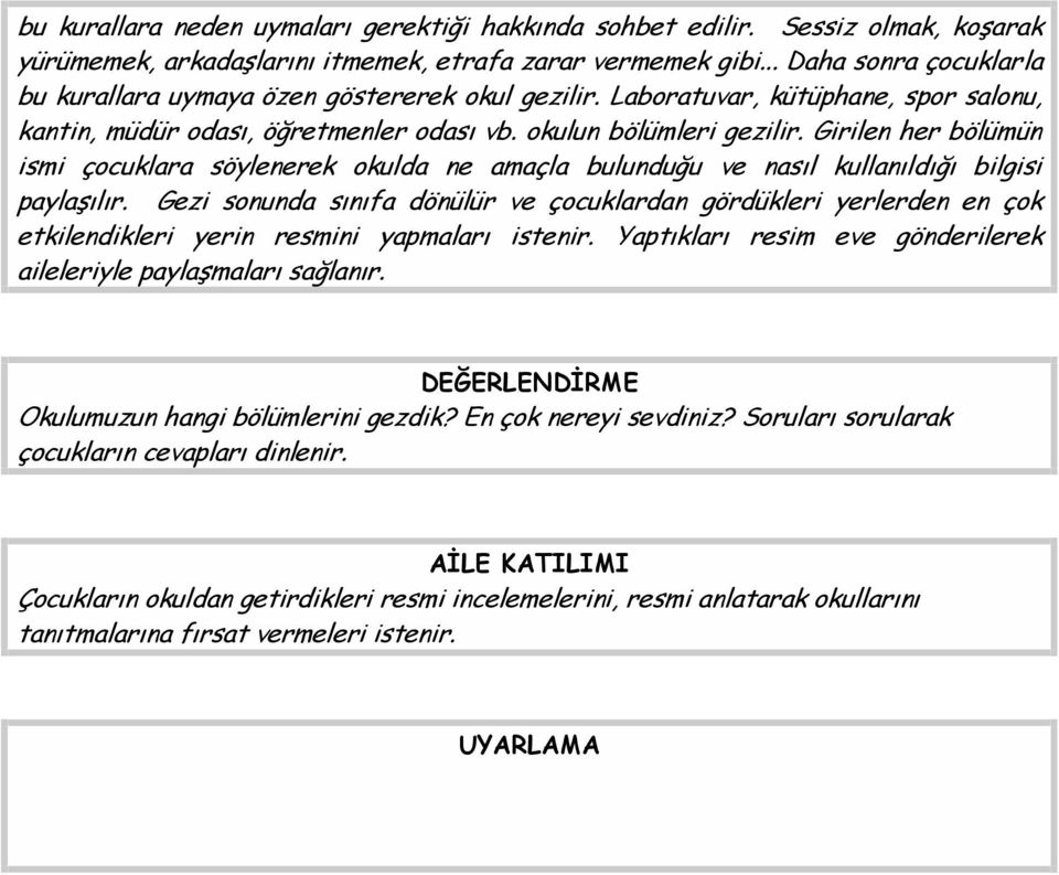 Girilen her bölümün ismi çocuklara söylenerek okulda ne amaçla bulunduğu ve nasıl kullanıldığı bilgisi paylaşılır.