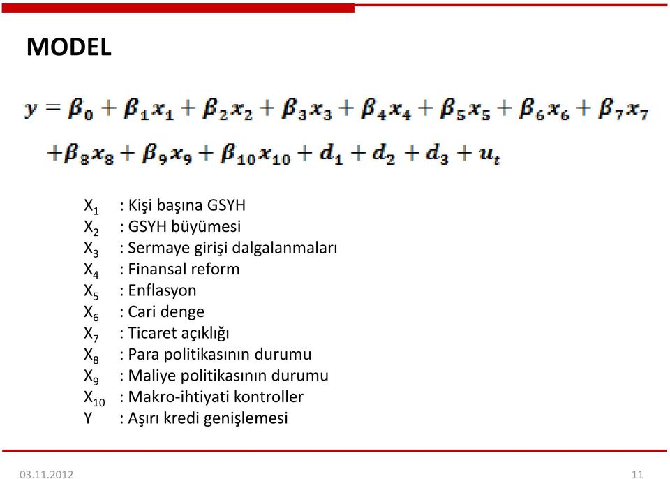 Ticaret açıklığı X 8 : Para politikasının durumu X 9 : Maliye politikasının