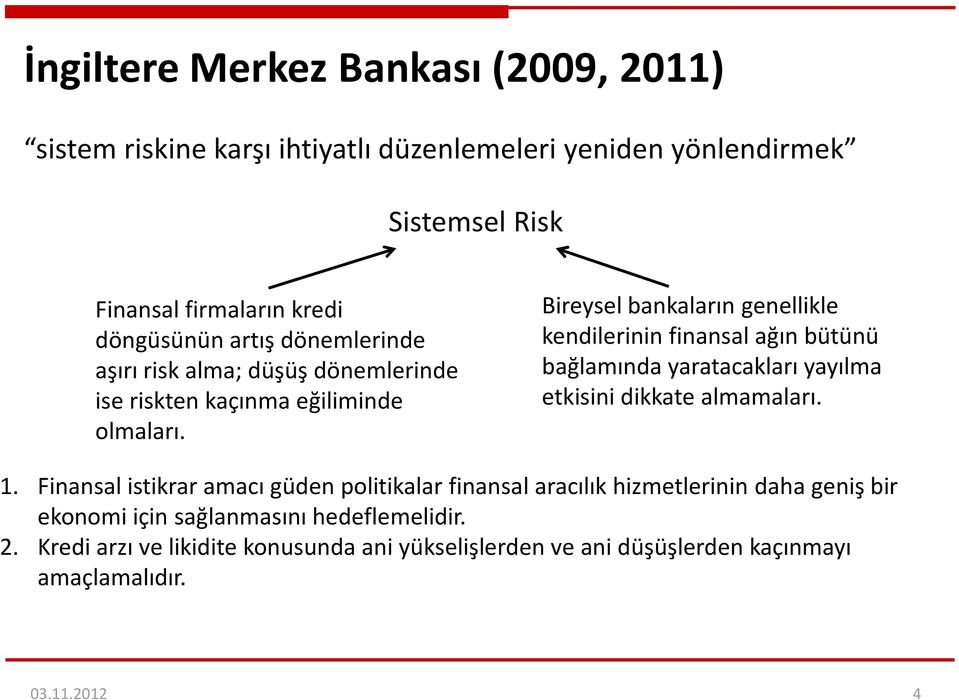 Bireysel bankaların genellikle kendilerinin finansal ağın bütünü bağlamında yaratacakları yayılma etkisini dikkate almamaları. 1.