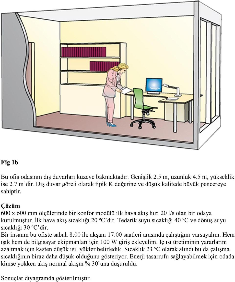 Tedarik suyu sıcaklığı 40 ºC ve dönüş suyu sıcaklığı 30 ºC dir. Bir insanın bu ofiste sabah 8:00 ile akşam 17:00 saatleri arasında çalıştığını varsayalım.