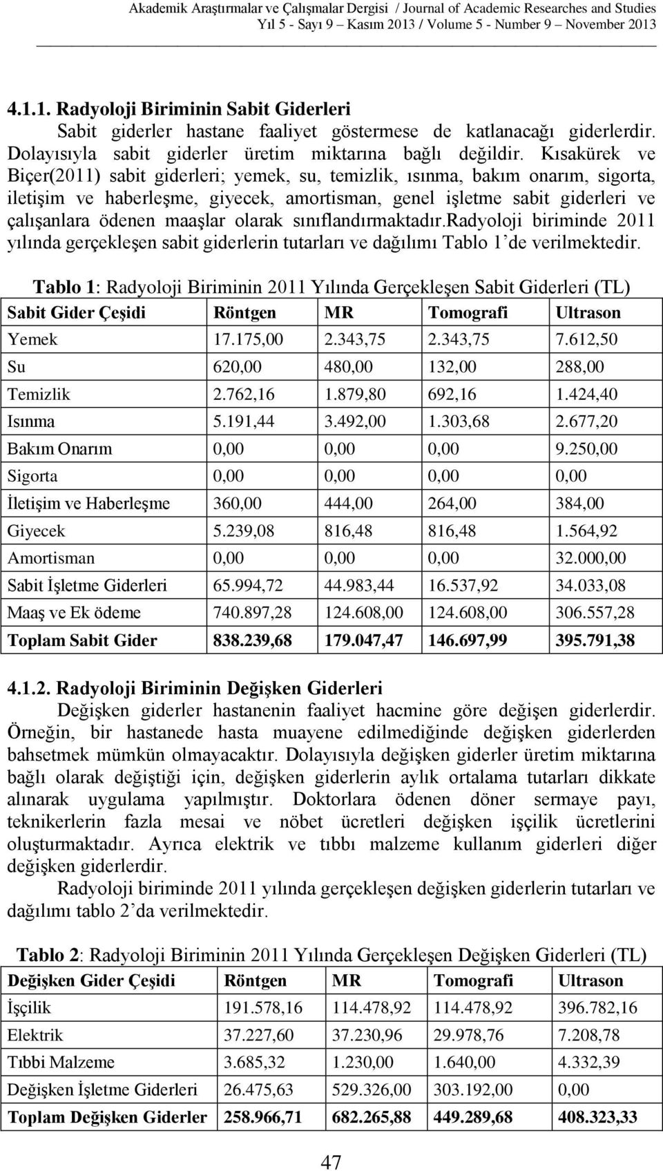 olarak sınıflandırmaktadır.radyoloji biriminde 2011 yılında gerçekleşen sabit giderlerin tutarları ve dağılımı Tablo 1 de verilmektedir.