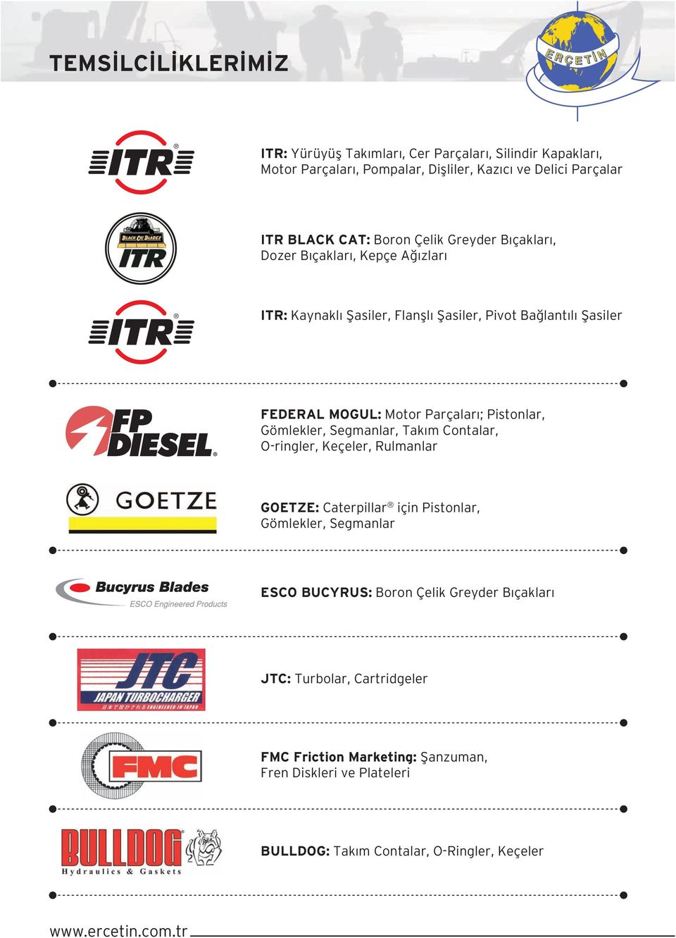 Parçaları; Pistonlar, Gömlekler, Segmanlar, Takım Contalar, O-ringler, Keçeler, Rulmanlar GOETZE: Caterpillar için Pistonlar, Gömlekler, Segmanlar ESCO