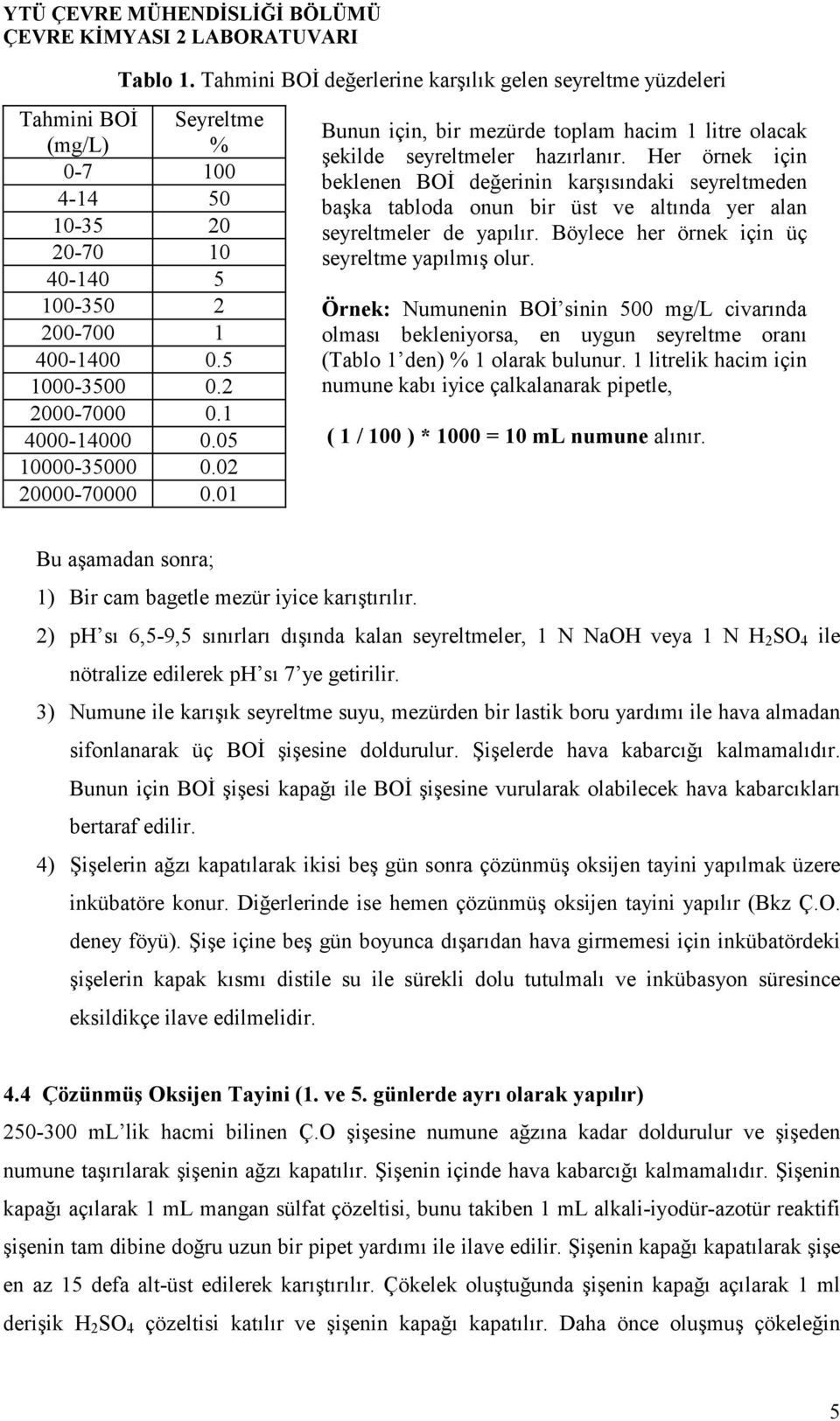 Her örnek için beklenen BOİ değerinin karşısındaki seyreltmeden başka tabloda onun bir üst ve altında yer alan seyreltmeler de yapılır. Böylece her örnek için üç seyreltme yapılmış olur.