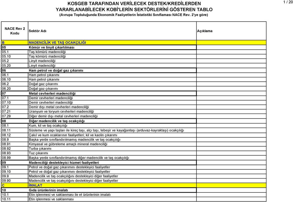 20 Linyit madenciliği 06 Ham petrol ve doğal gaz çıkarımı 06.1 Ham petrol çıkarımı 06.10 Ham petrol çıkarımı 06.2 Doğal gaz çıkarımı 06.20 Doğal gaz çıkarımı 07 Metal cevherleri madenciliği 07.