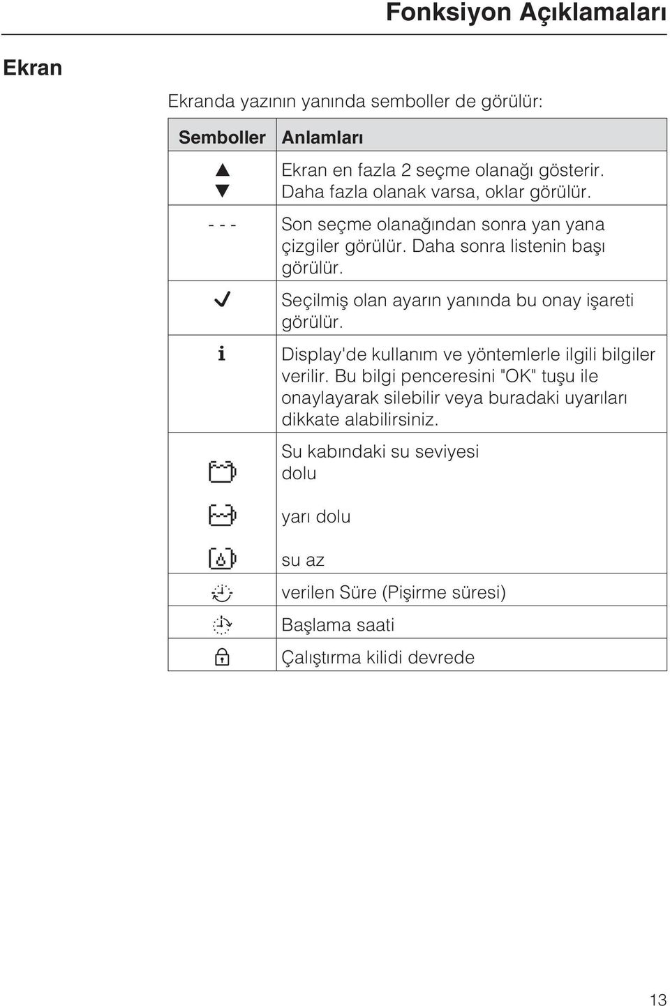 Seçilmiþ olan ayarýn yanýnda bu onay iþareti görülür. Display'de kullaným ve yöntemlerle ilgili bilgiler verilir.