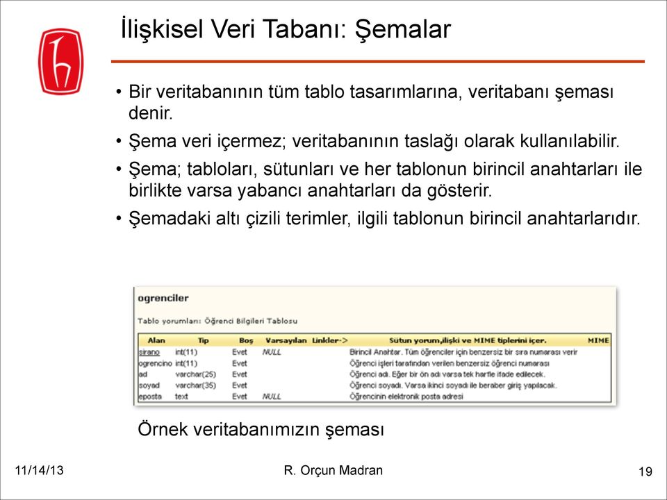 Şema; tabloları, sütunları ve her tablonun birincil anahtarları ile birlikte varsa yabancı