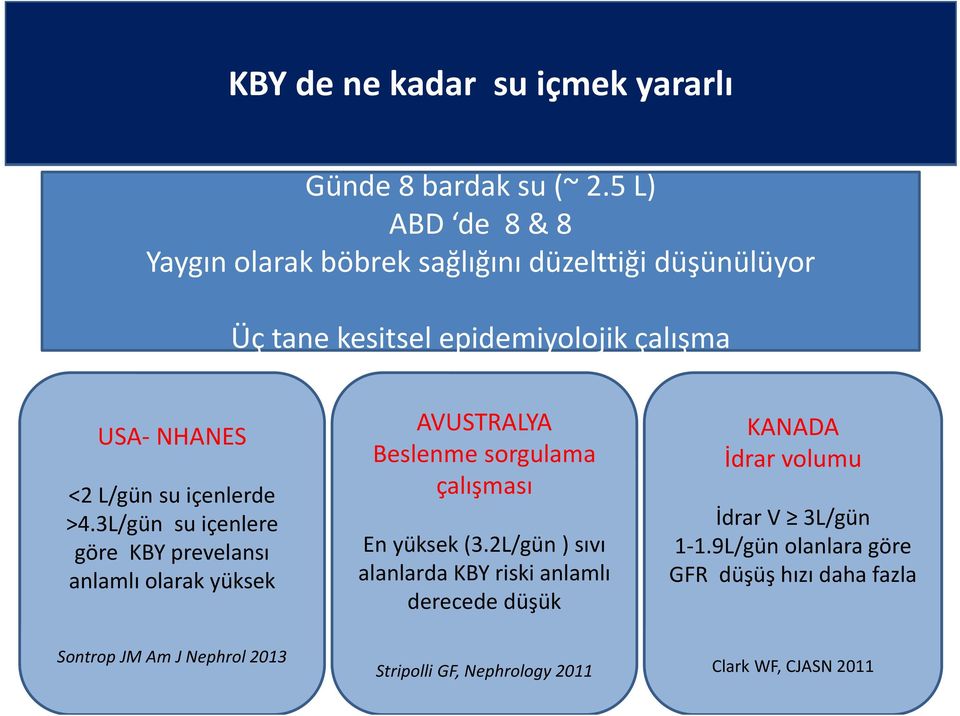 içenlerde >4.3L/gün su içenlere göre KBY prevelansı anlamlı olarak yüksek AVUSTRALYA Beslenme sorgulama çalışması En yüksek (3.