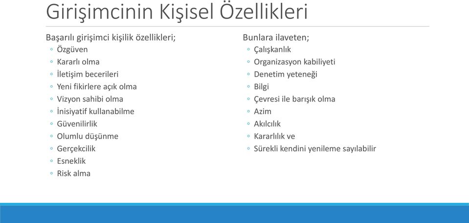 Olumlu düşünme Gerçekcilik Esneklik Risk alma Bunlara ilaveten; Çalışkanlık Organizasyon kabiliyeti