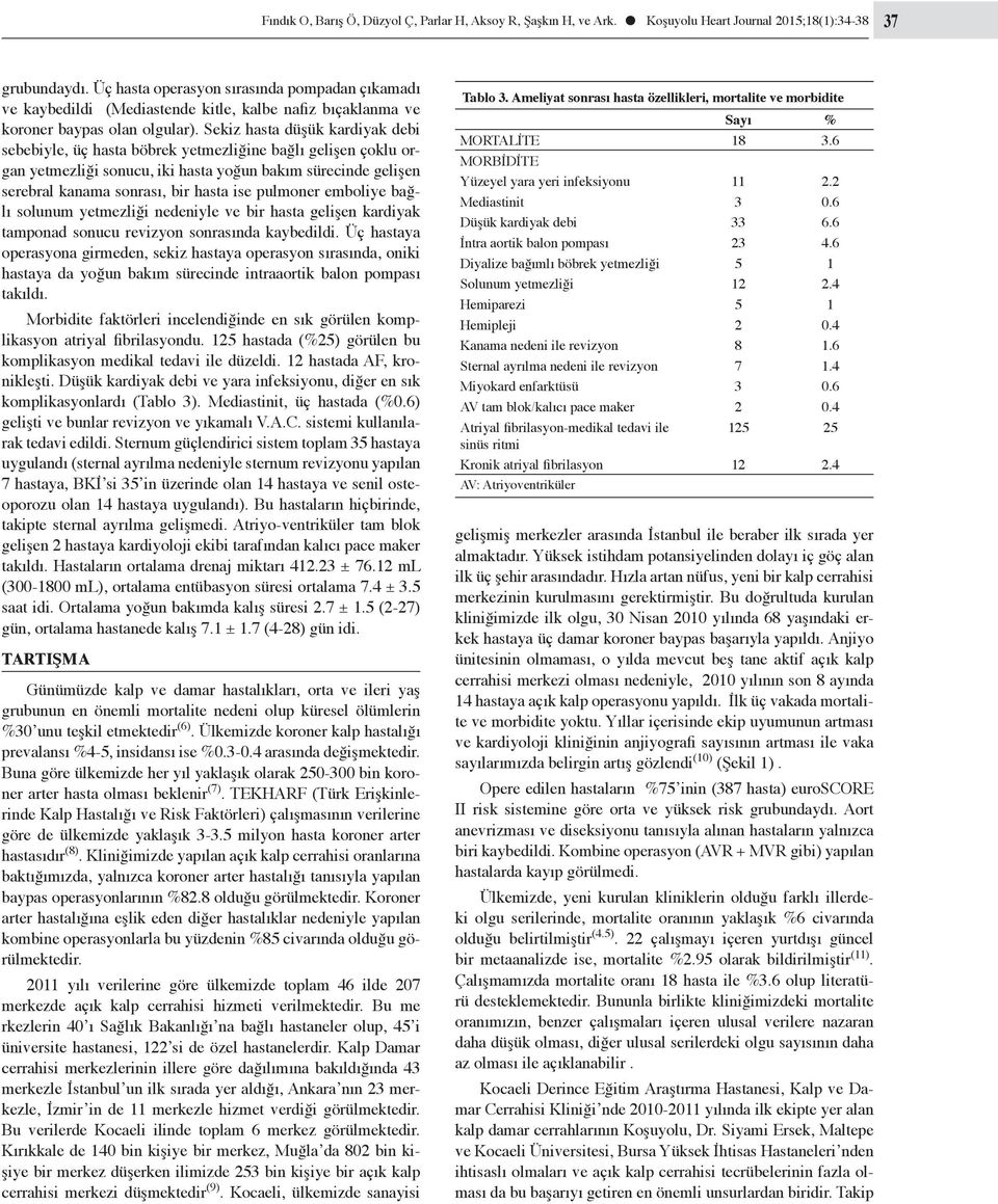 Sekiz hasta düşük kardiyak debi sebebiyle, üç hasta böbrek yetmezliğine bağlı gelişen çoklu organ yetmezliği sonucu, iki hasta yoğun bakım sürecinde gelişen serebral kanama sonrası, bir hasta ise