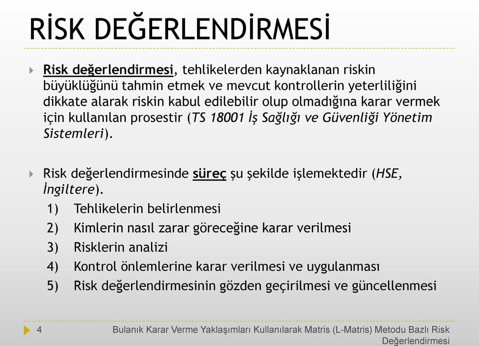 Risk değerlendirmesinde süreç şu şekilde işlemektedir (HSE, İngiltere).