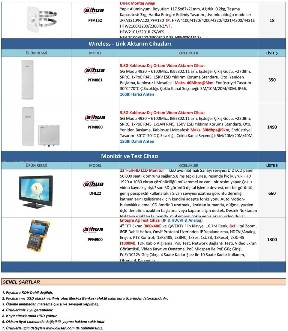 HFW5100/5200/5300E(-Z/VF), HFW8301E(-Z), Wireless - Link Aktarım Cihazları 18 PFM881 5.8G Kablosuz Dış Ortam Video Aktarım Cihazı 5G Modu 4920~6100Mhz, IEEE802.