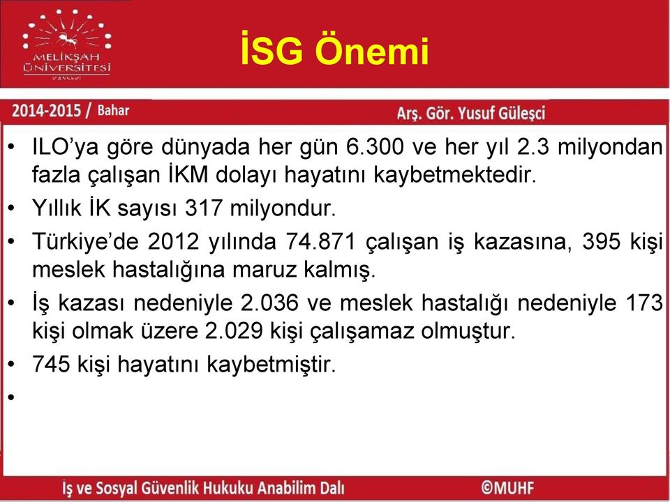 Türkiye de 2012 yılında 74.871 çalışan iş kazasına, 395 kişi meslek hastalığına maruz kalmış.