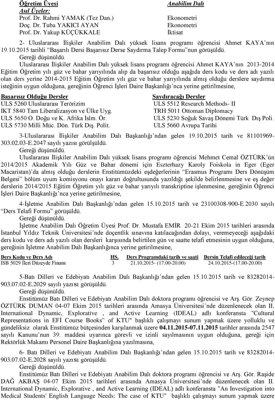 Uluslararası İlişkiler yüksek lisans programı öğrencisi Ahmet KAYA nın 2013-2014 Eğitim Öğretim yılı güz ve bahar yarıyılında alıp da başarısız olduğu aşağıda ders kodu ve ders adı yazılı olan ders