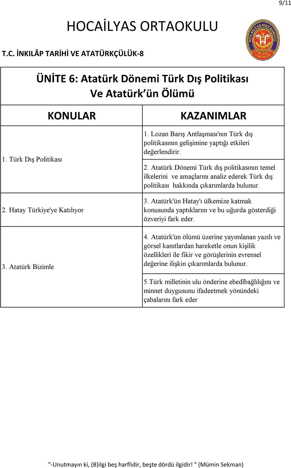 Atatürk Dönemi Türk dış politikasının temel ilkelerini ve amaçlarını analiz ederek Türk dış politikası hakkında çıkarımlarda bulunur. 3.