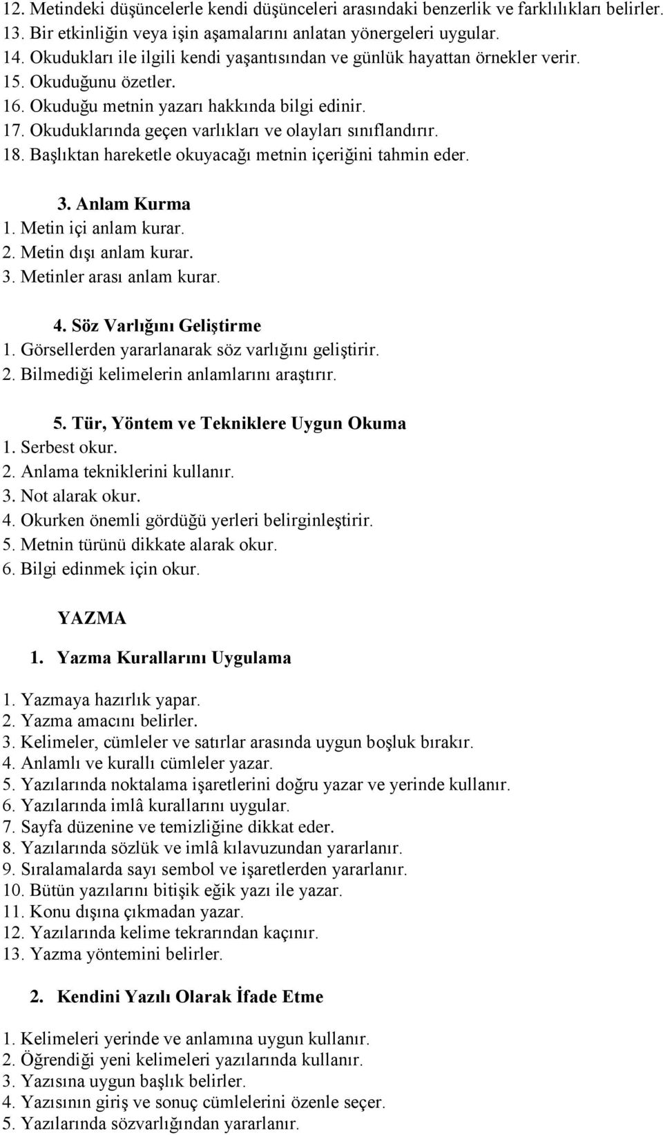 Okuduklarında geçen varlıkları ve olayları sınıflandırır. 18. Başlıktan hareketle okuyacağı metnin içeriğini tahmin eder. 3. Anlam Kurma 1. Metin içi anlam kurar. 2. Metin dışı anlam kurar. 3. Metinler arası anlam kurar.