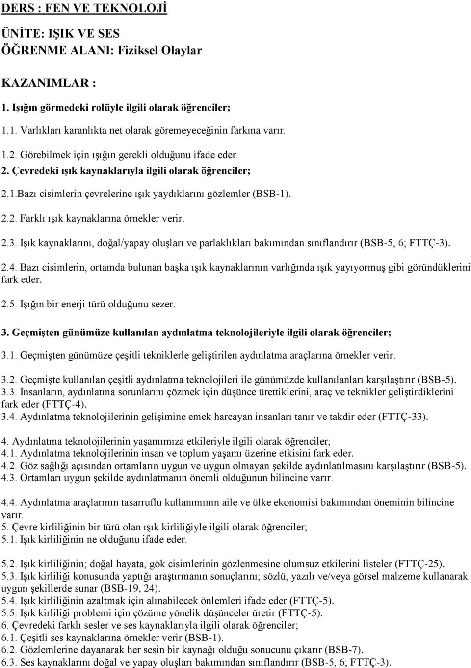 2.3. Işık kaynaklarını, doğal/yapay oluşları ve parlaklıkları bakımından sınıflandırır (BSB-5, 6; FTTÇ-3). 2.4.