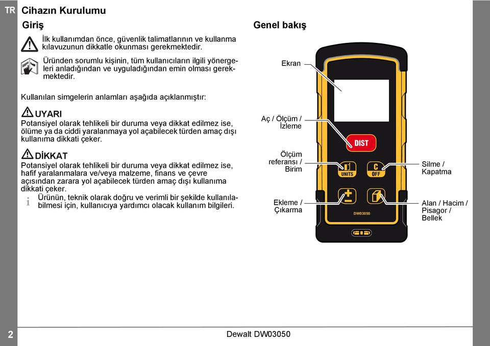 Genel bakış Ekran Kullanılan simgelerin anlamları aşağıda açıklanmıştır: UYARI Potansiyel olarak tehlikeli bir duruma veya dikkat edilmez ise, ölüme ya da ciddi yaralanmaya yol açabilecek türden amaç