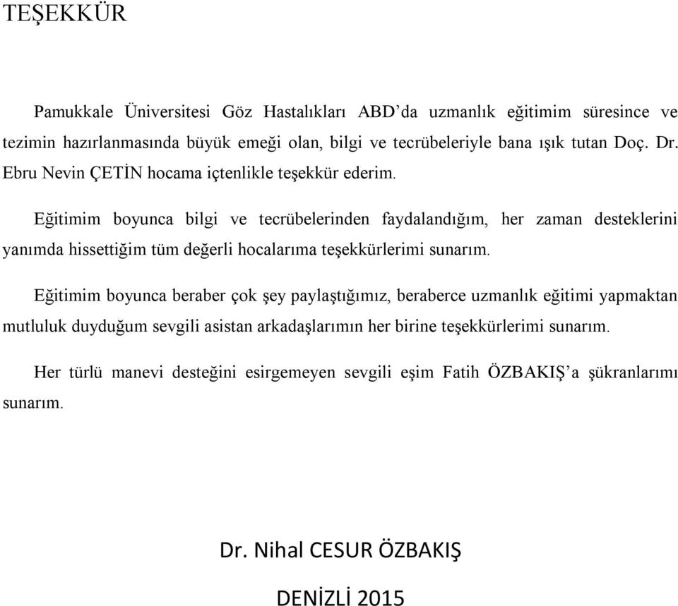 Eğitimim boyunca bilgi ve tecrübelerinden faydalandığım, her zaman desteklerini yanımda hissettiğim tüm değerli hocalarıma teşekkürlerimi sunarım.