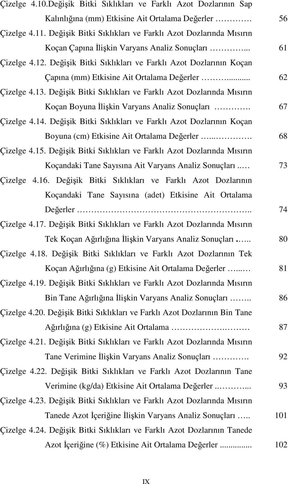 Değişik Bitki Sıklıkları ve Farklı Azot Dozlarının Koçan Çapına (mm) Etkisine Ait Ortalama Değerler... 62 Çizelge 4.13.