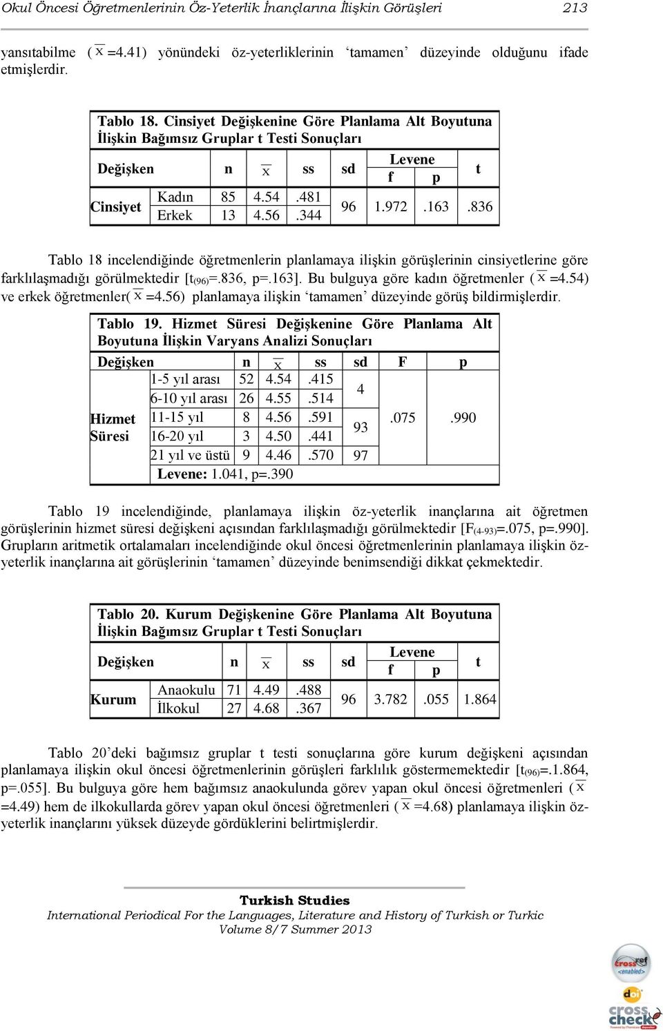 344 Tablo 18 incelendiğinde öğretmenlerin planlamaya ilişkin görüşlerinin cinsiyetlerine göre farklılaşmadığı görülmektedir [t (96)=.836, p=.163]. Bu bulguya göre kadın öğretmenler ( X =4.