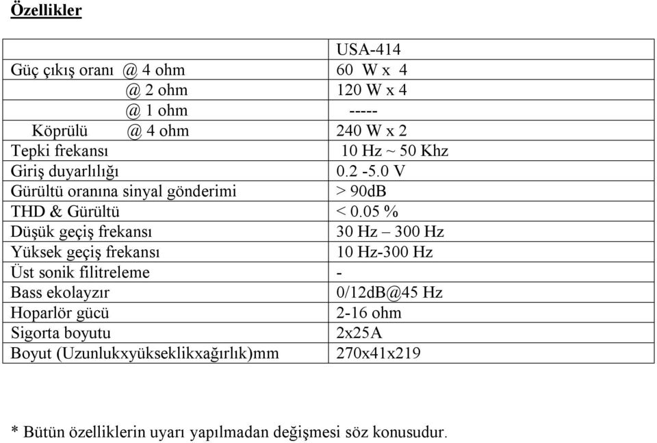 05 % Düşük geçiş frekansı 30 Hz 300 Hz Yüksek geçiş frekansı 10 Hz-300 Hz Üst sonik filitreleme - Bass ekolayzır 0/12dB@45 Hz