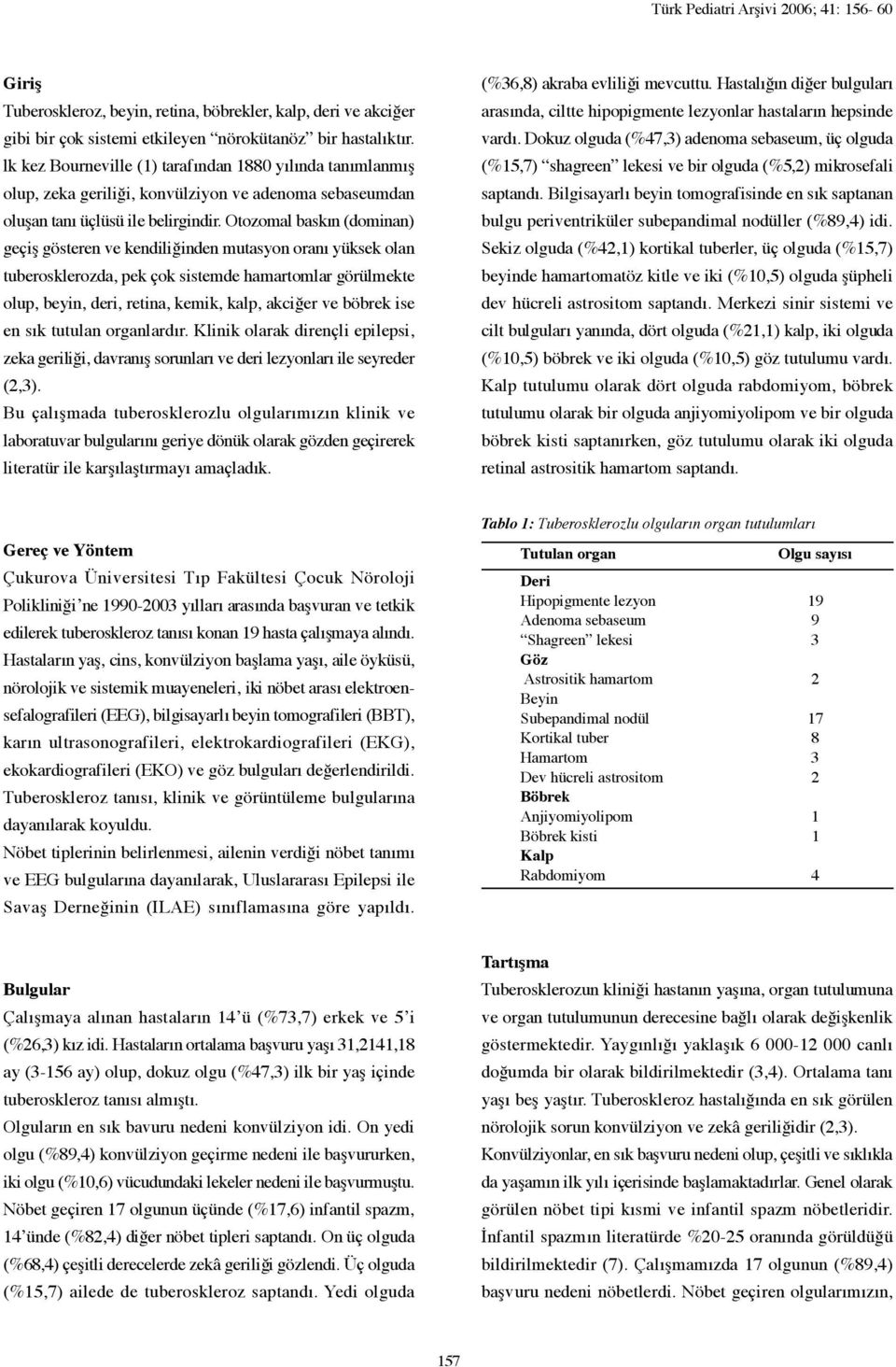 Otozomal baskın (dominan) geçiş gösteren ve kendiliğinden mutasyon oranı yüksek olan tuberosklerozda, pek çok sistemde hamartomlar görülmekte olup, beyin, deri, retina, kemik, kalp, akciğer ve böbrek