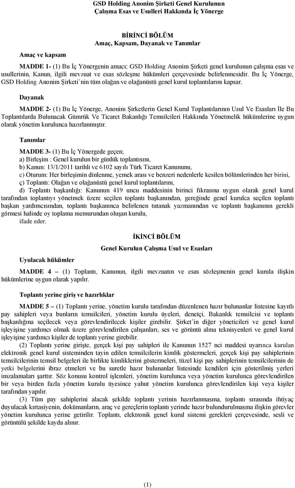 Dayanak MADDE 2- (1) Bu İç Yönerge, Anonim Şirketlerin Genel Kurul Toplantılarının Usul Ve Esasları İle Bu Toplantılarda Bulunacak Gümrük Ve Ticaret Bakanlığı Temsilcileri Hakkında Yönetmelik