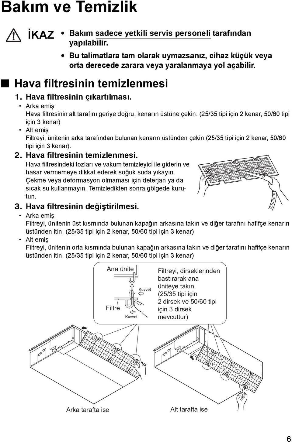 (25/35 tipi için 2 kenar, 50/60 tipi için 3 kenar) Alt emiş Filtreyi, ünitenin arka tarafından bulunan kenarın üstünden çekin (25/35 tipi için 2 kenar, 50/60 tipi için 3 kenar). 2. Hava filtresinin temizlenmesi.