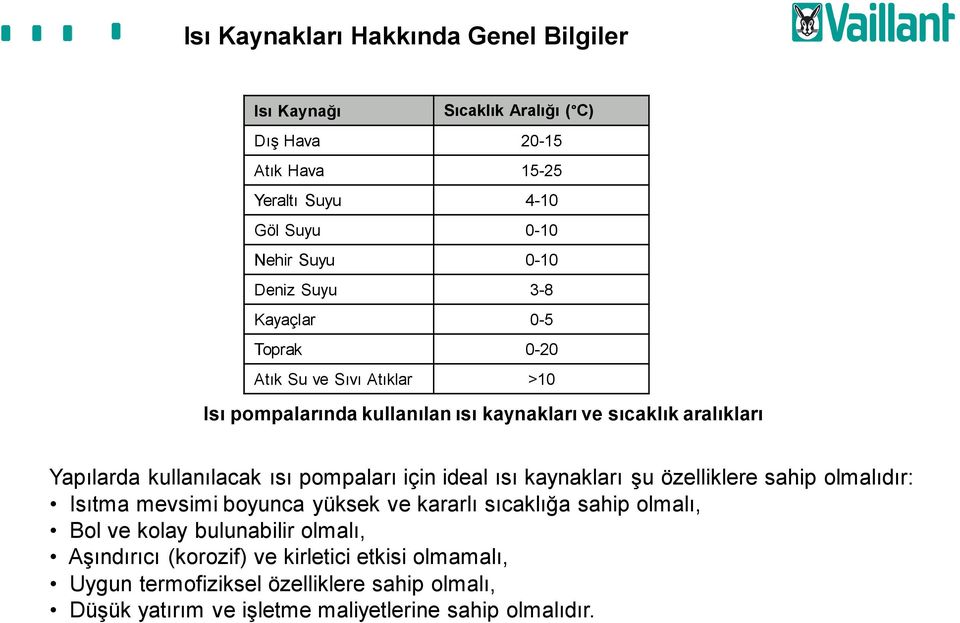 pompaları için ideal ısı kaynakları şu özelliklere sahip olmalıdır: Isıtma mevsimi boyunca yüksek ve kararlı sıcaklığa sahip olmalı, Bol ve kolay bulunabilir