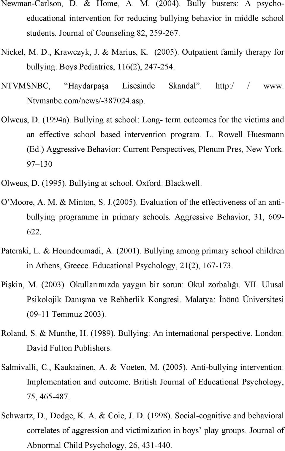 Bullying at school: Long- term outcomes for the victims and an effective school based intervention program. L. Rowell Huesmann (Ed.) Aggressive Behavior: Current Perspectives, Plenum Pres, New York.