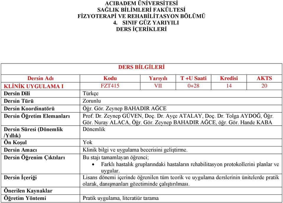 Zeynep GÜVEN, Doç. Dr. Ayçe ATALAY, Doç. Dr. Tolga AYDOĞ, Öğr. Gör. Nuray ALACA, Öğr. Gör. Zeynep BAHADIR AĞCE, öğr. Gör. Hande KABA Klinik bilgi ve uygulama becerisini geliştirme.