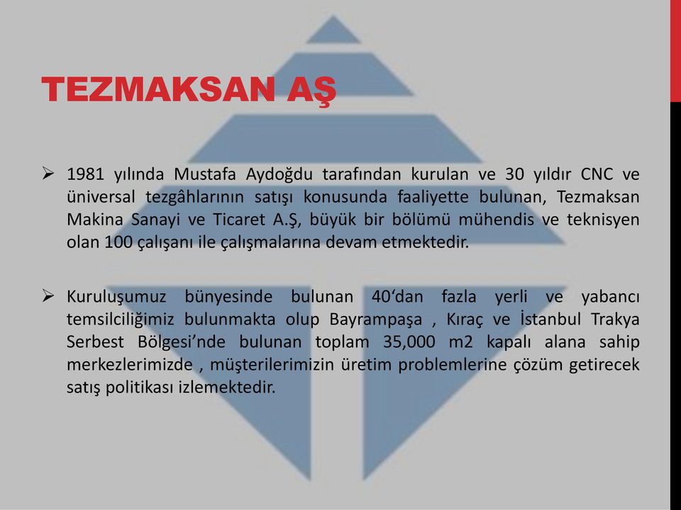 Kuruluşumuz bünyesinde bulunan 40 dan fazla yerli ve yabancı temsilciliğimiz bulunmakta olup Bayrampaşa, Kıraç ve İstanbul Trakya Serbest