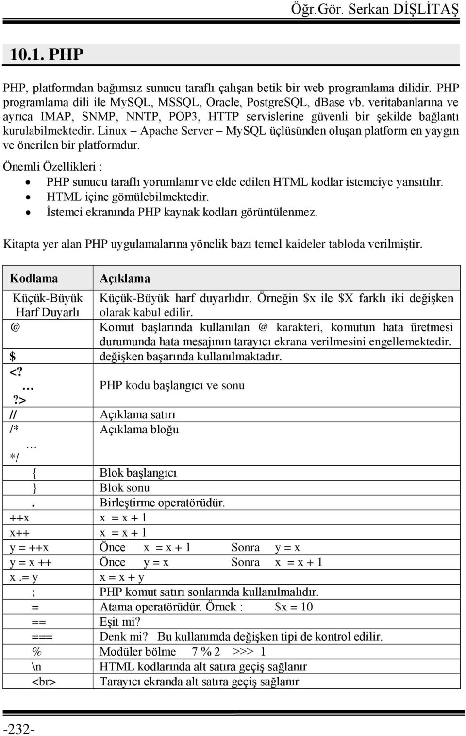 Linux Apache Server MySQL üçlüsünden oluşan platform en yaygın ve önerilen bir platformdur. Önemli Özellikleri : PHP sunucu taraflı yorumlanır ve elde edilen HTML kodlar istemciye yansıtılır.