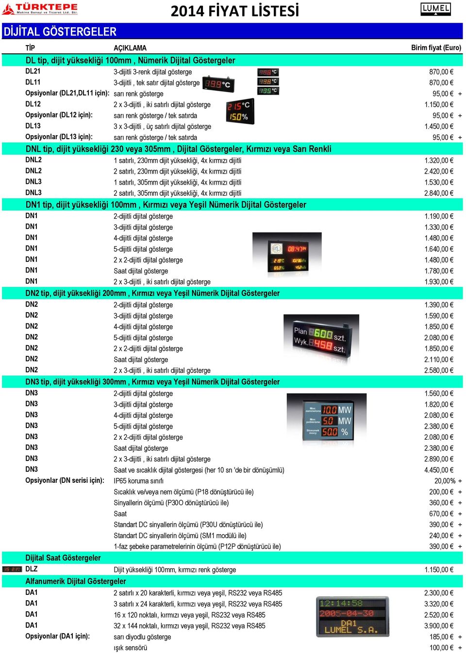 150,00 Opsiyonlar (DL12 için): sarı renk gösterge / tek satırda 95,00 + DL13 3 x 3-dijitli, üç satırlı dijital gösterge 1.