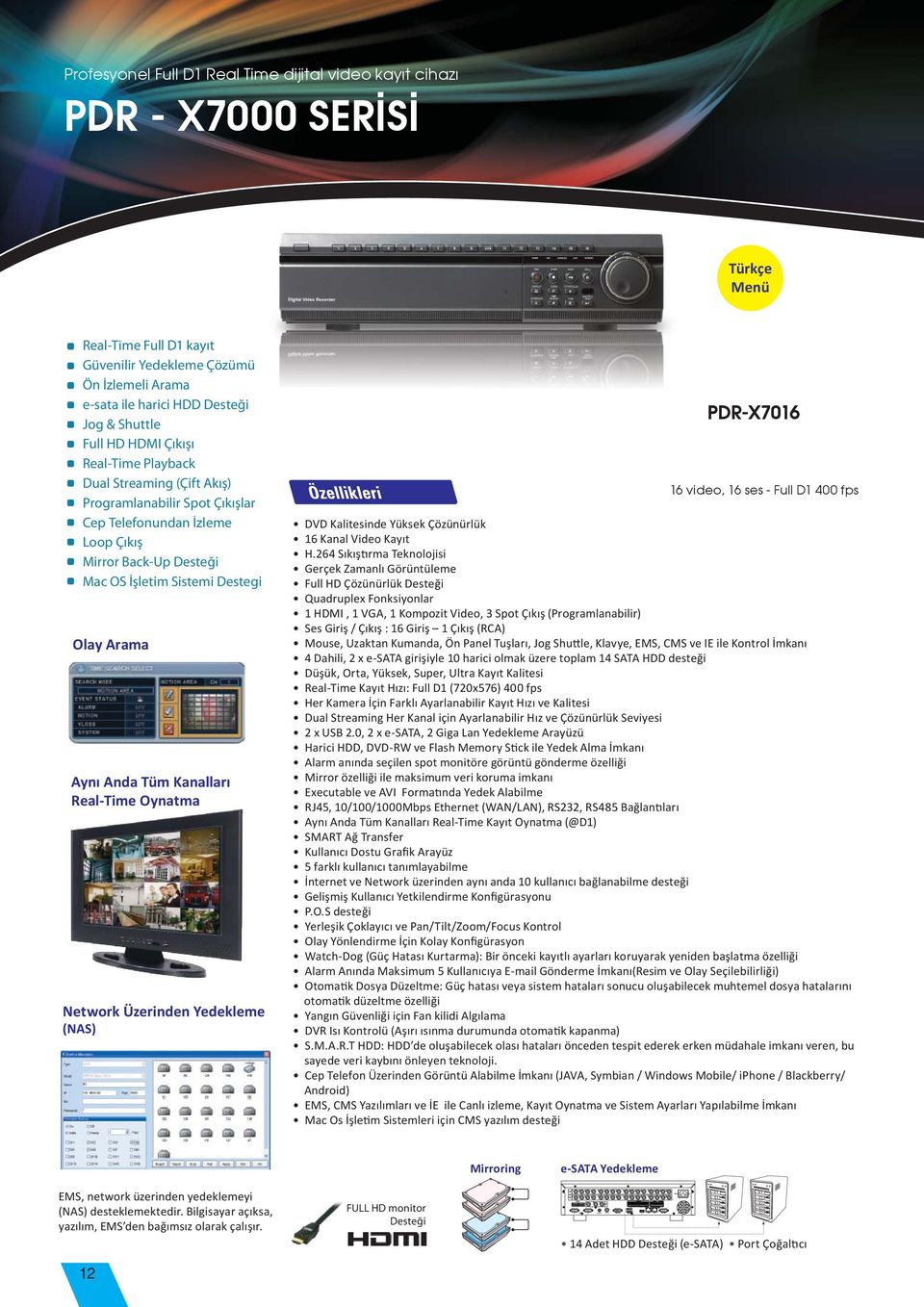 Arama Aynı Anda Tüm Kanalları Real-Time Oynatma Network Üzerinden Yedekleme (NAS) PDR-X7016 3200 $ 16 video, 16 ses - Full D1 400 fps DVD Kalitesinde Yüksek Çözünürlük 16 Kanal Video Kayıt Sıkıştırma