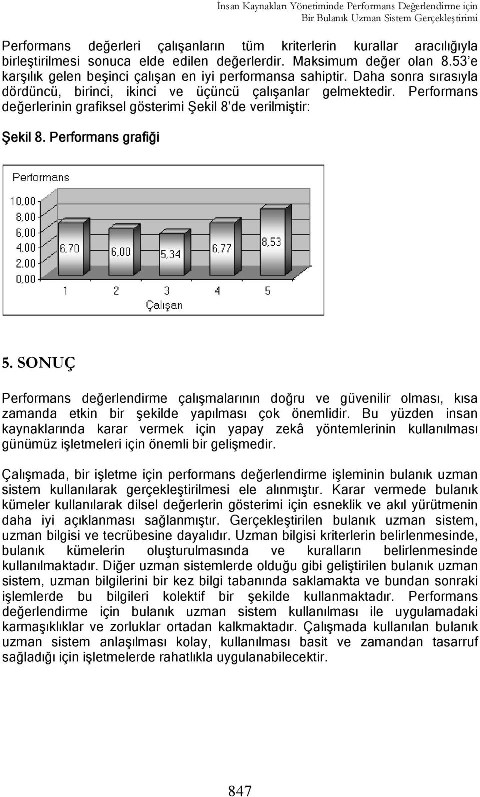 Performans değerlerinin grafiksel gösterimi Şekil 8 de verilmiştir: Şekil 8. Performans grafiği 5.