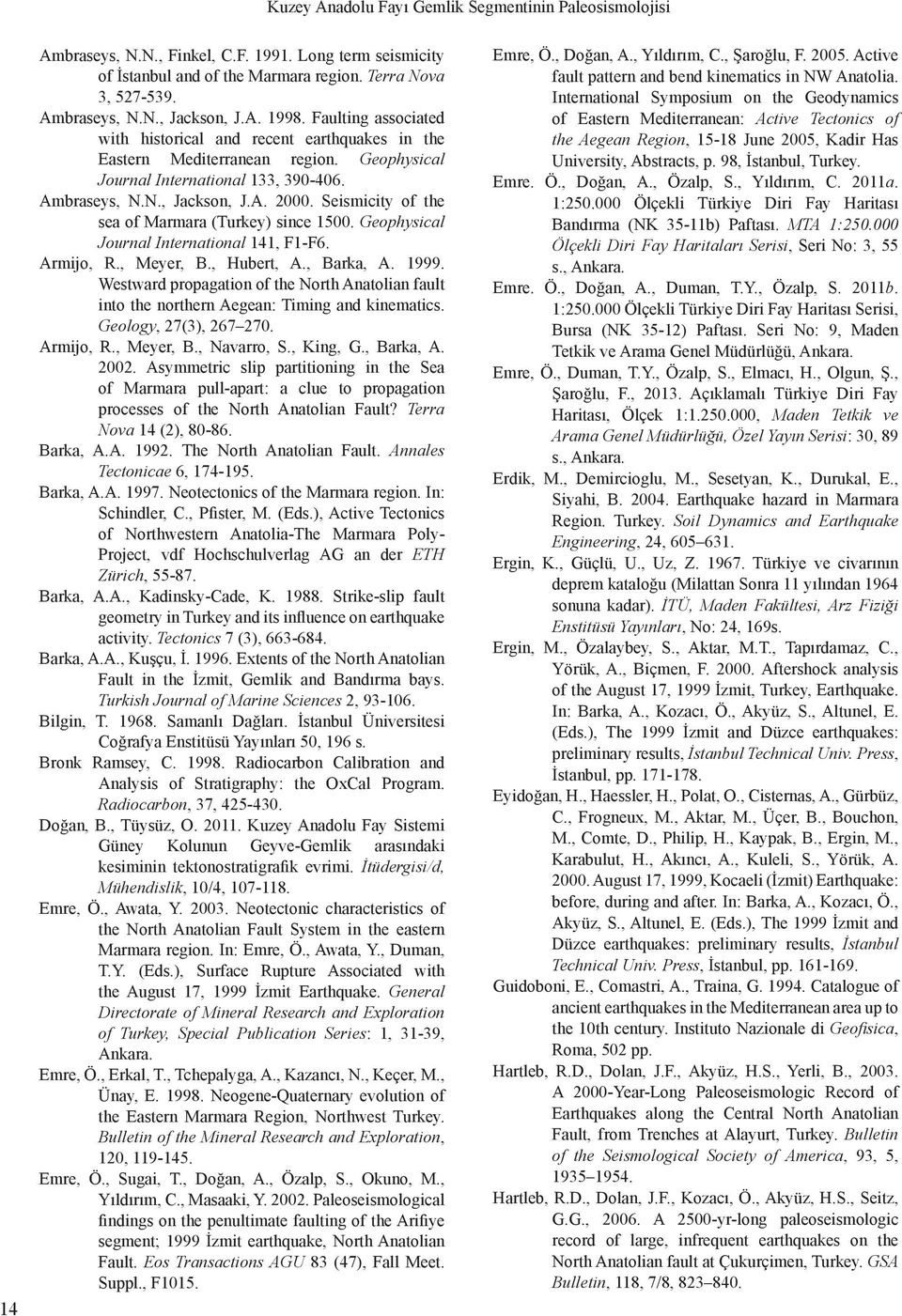 Seismicity of the sea of Marmara (Turkey) since 1500. Geophysical Journal International 141, F1-F6. Armijo, R., Meyer, B., Hubert, A., Barka, A. 1999.