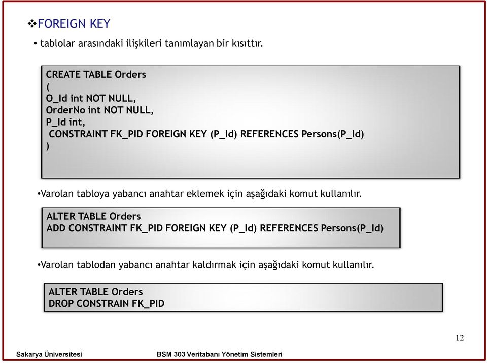 Persons(P_Id) ) Varolan tabloya yabancı anahtar eklemek için aşağıdaki komut kullanılır.