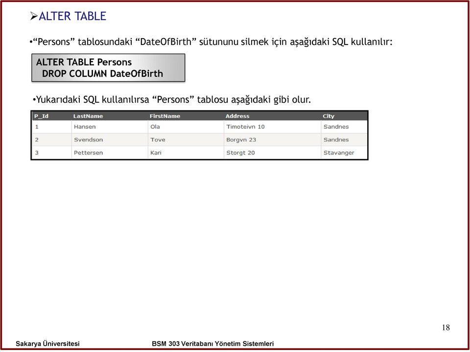 ALTER TABLE Persons DROP COLUMN DateOfBirth