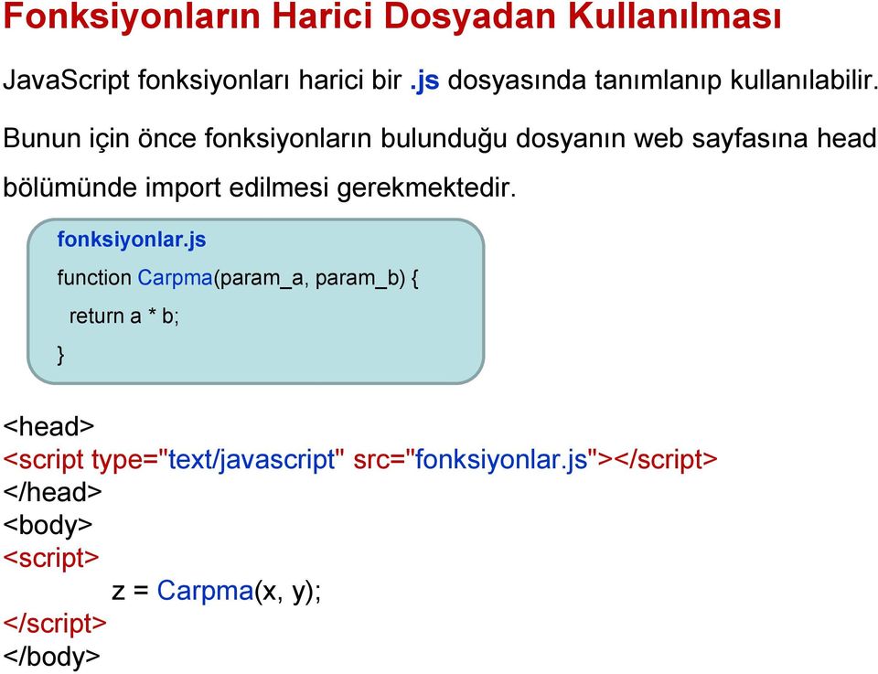 Bunun için önce fonksiyonların bulunduğu dosyanın web sayfasına head bölümünde import edilmesi